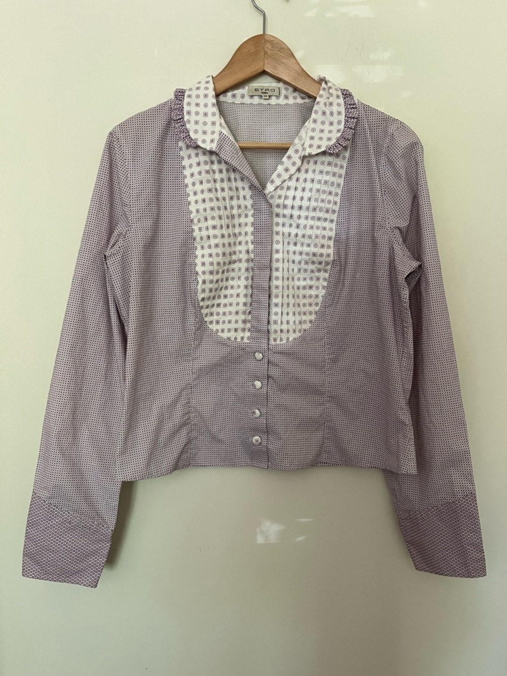 Vintage Etro Milano 100% Cotton Ruffle Collar Graphic Print Blouse 8-10